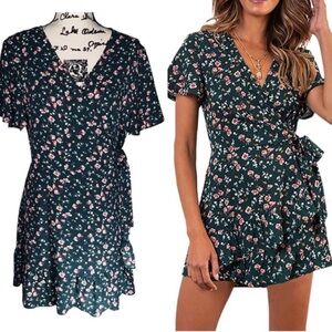 Amazon Navy Greeb and Pink Floral Mini Wrap Dress